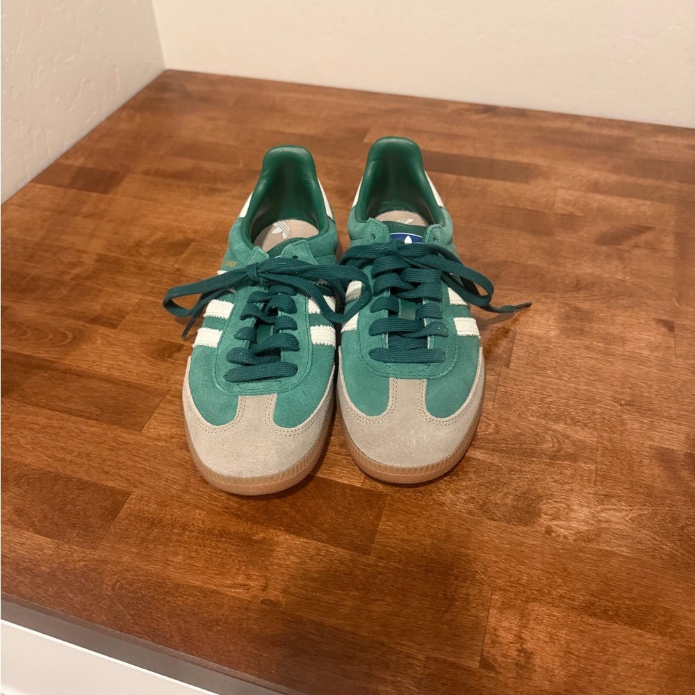 Green and Off-White Suede Sneakers Adidas Sambas (mens 6.5/womens 8)
